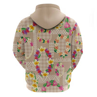 Hawaiian Kakau Tattoo Leis and Palaka Pattern Zip Hoodie Traditional Aloha Tribal Beige Color
