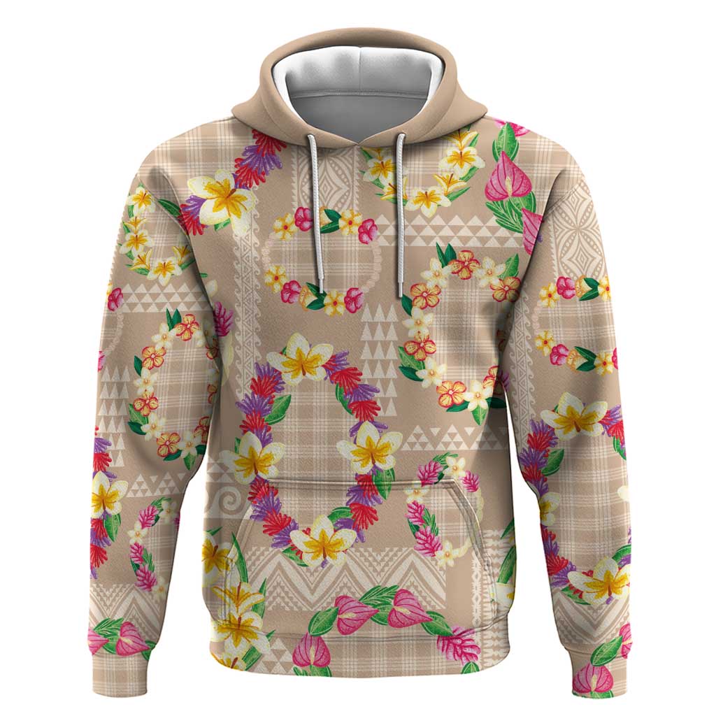 Hawaiian Kakau Tattoo Leis and Palaka Pattern Zip Hoodie Traditional Aloha Tribal Beige Color