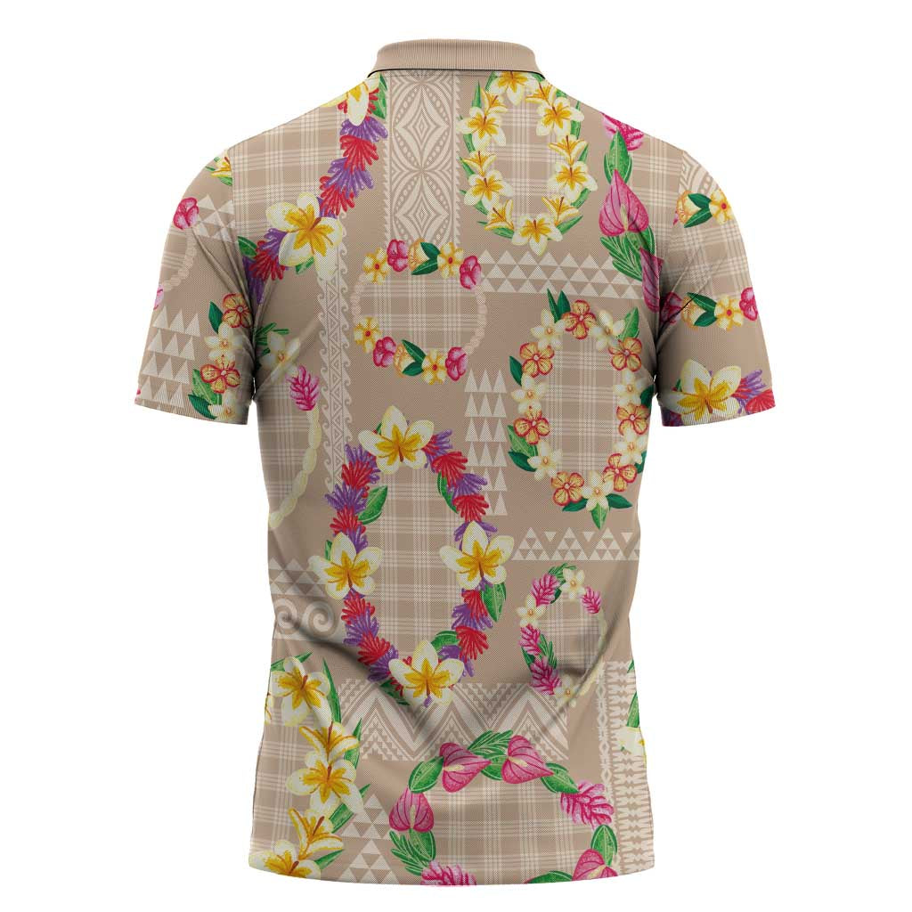 Hawaiian Kakau Tattoo Leis and Palaka Pattern Zipper Polo Shirt Traditional Aloha Tribal Beige Color