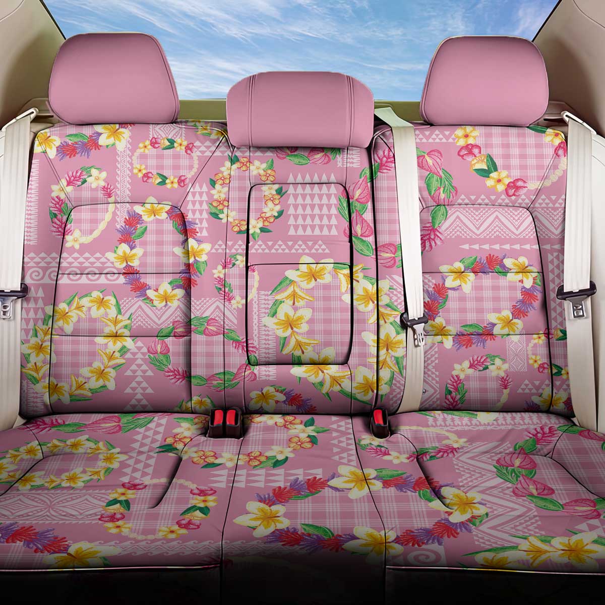 Hawaiian Leis Back Car Seat Cover Kakau Tattoos and Palaka Pastel Pink Color