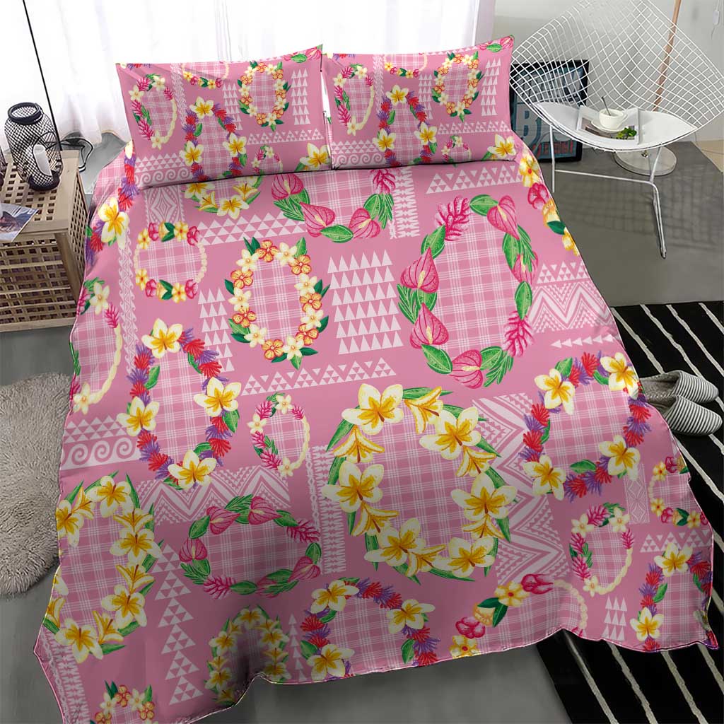 Hawaiian Leis Bedding Set Kakau Tattoos and Palaka Pastel Pink Color