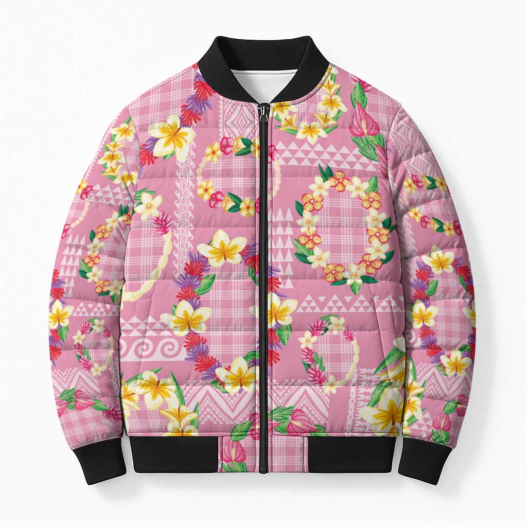 Hawaiian Leis Bomber Puffer Jacket Kakau Tattoos and Palaka Pastel Pink Color