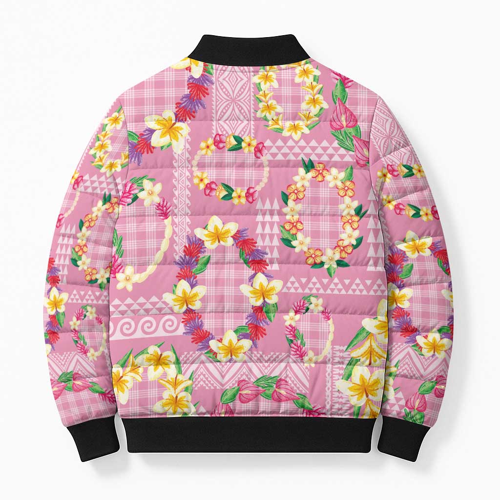 Hawaiian Leis Bomber Puffer Jacket Kakau Tattoos and Palaka Pastel Pink Color