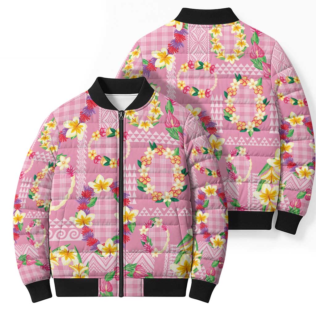 Hawaiian Leis Bomber Puffer Jacket Kakau Tattoos and Palaka Pastel Pink Color