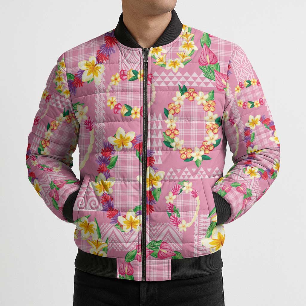 Hawaiian Leis Bomber Puffer Jacket Kakau Tattoos and Palaka Pastel Pink Color