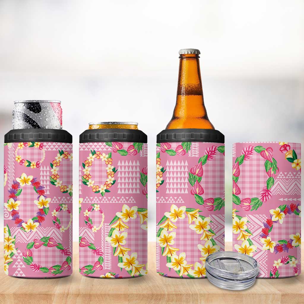 Hawaiian Leis 4 in 1 Can Cooler Tumbler Kakau Tattoos and Palaka Pastel Pink Color LT03 - Polynesian Pride