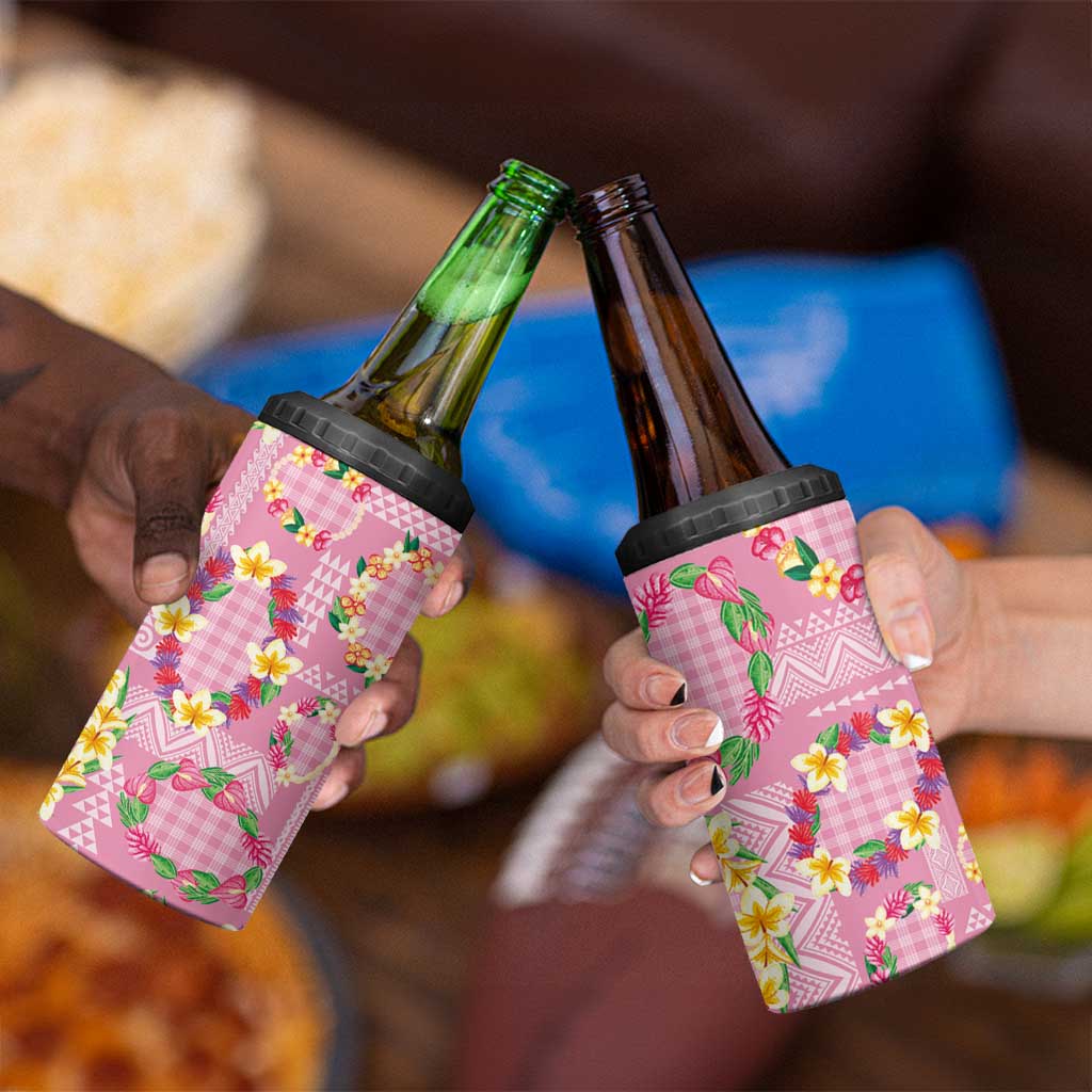 Hawaiian Leis 4 in 1 Can Cooler Tumbler Kakau Tattoos and Palaka Pastel Pink Color LT03 - Polynesian Pride