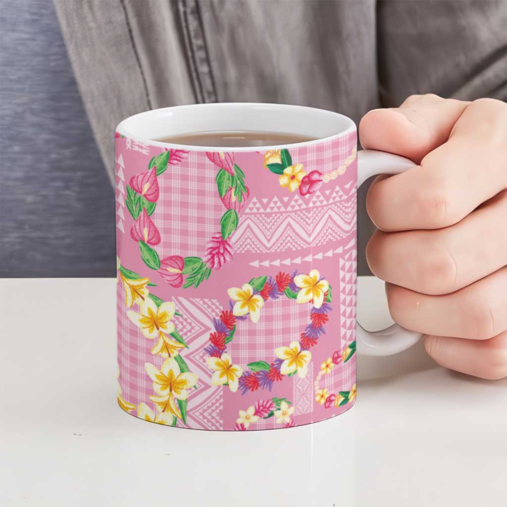Hawaiian Leis Ceramic Mug Kakau Tattoos and Palaka Pastel Pink Color