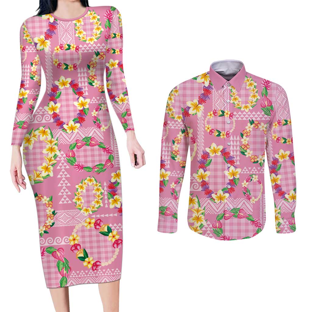 Hawaiian Leis Couples Matching Long Sleeve Bodycon Dress and Long Sleeve Button Shirt Kakau Tattoos and Palaka Pastel Pink Color LT03 Pink - Polynesian Pride