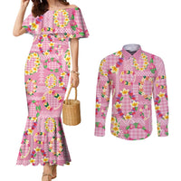 Hawaiian Leis Couples Matching Mermaid Dress and Long Sleeve Button Shirt Kakau Tattoos and Palaka Pastel Pink Color LT03 Pink - Polynesian Pride