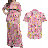 Hawaiian Leis Couples Matching Off Shoulder Maxi Dress and Hawaiian Shirt Kakau Tattoos and Palaka Pastel Pink Color LT03 Pink - Polynesian Pride