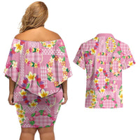 Hawaiian Leis Couples Matching Off Shoulder Short Dress and Hawaiian Shirt Kakau Tattoos and Palaka Pastel Pink Color LT03 - Polynesian Pride