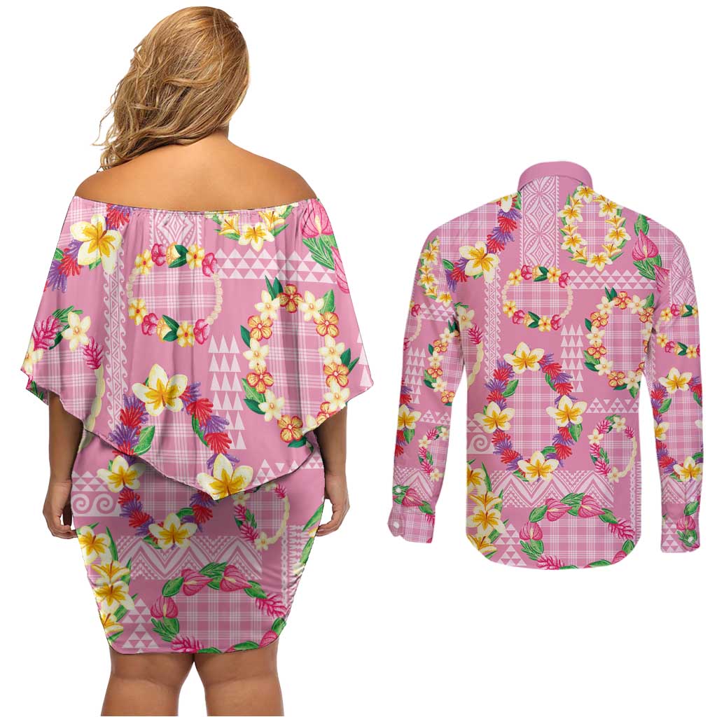 Hawaiian Leis Couples Matching Off Shoulder Short Dress and Long Sleeve Button Shirt Kakau Tattoos and Palaka Pastel Pink Color