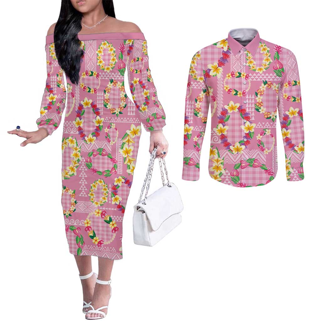 Hawaiian Leis Couples Matching Off The Shoulder Long Sleeve Dress and Long Sleeve Button Shirt Kakau Tattoos and Palaka Pastel Pink Color LT03 Pink - Polynesian Pride