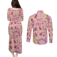 Hawaiian Leis Couples Matching Puletasi and Long Sleeve Button Shirt Kakau Tattoos and Palaka Pastel Pink Color