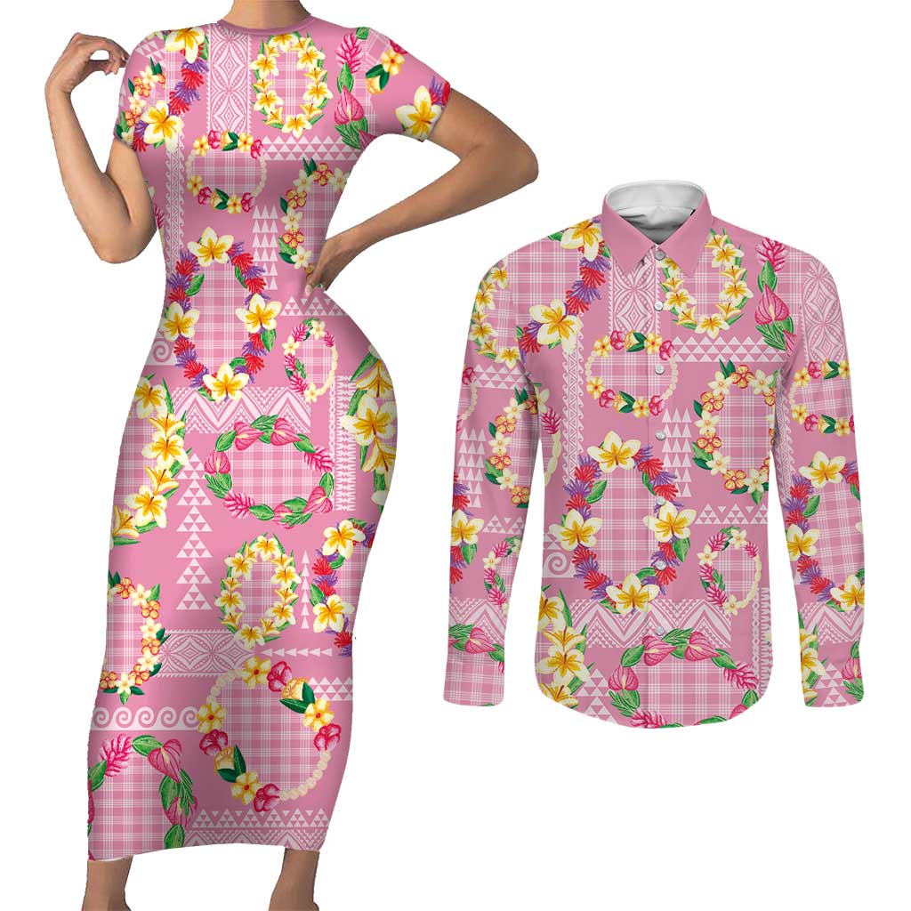 Hawaiian Leis Couples Matching Short Sleeve Bodycon Dress and Long Sleeve Button Shirt Kakau Tattoos and Palaka Pastel Pink Color