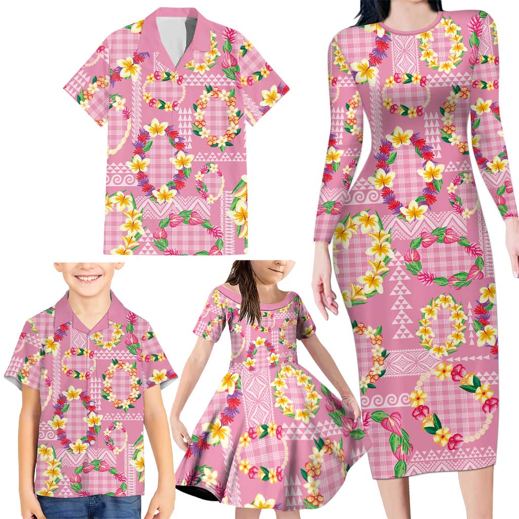 Hawaiian Leis Family Matching Long Sleeve Bodycon Dress and Hawaiian Shirt Kakau Tattoos and Palaka Pastel Pink Color LT03 - Polynesian Pride