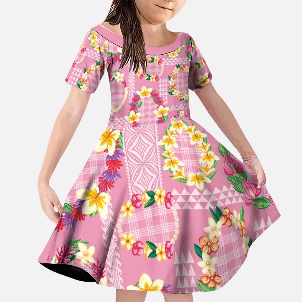 Hawaiian Leis Family Matching Off The Shoulder Long Sleeve Dress and Hawaiian Shirt Kakau Tattoos and Palaka Pastel Pink Color LT03 Daughter's Dress Pink - Polynesian Pride