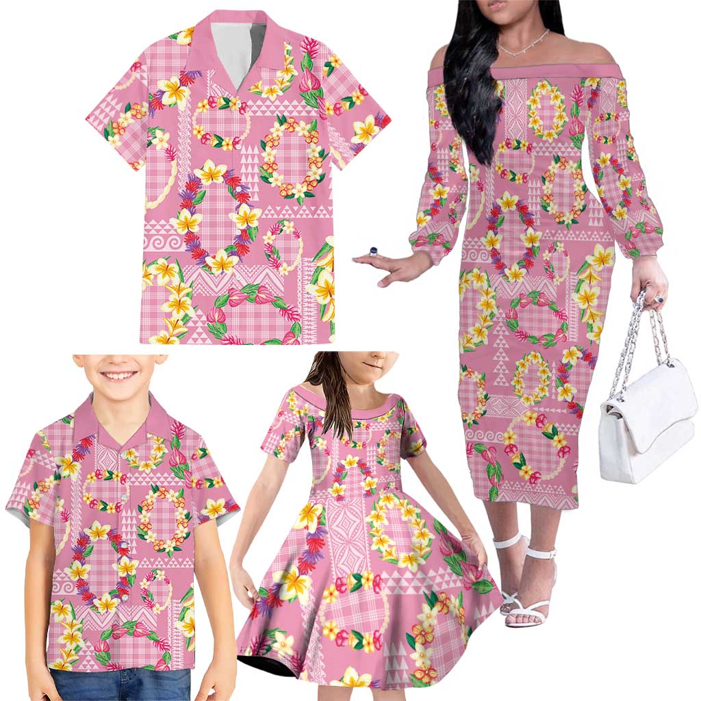Hawaiian Leis Family Matching Off The Shoulder Long Sleeve Dress and Hawaiian Shirt Kakau Tattoos and Palaka Pastel Pink Color LT03 - Polynesian Pride