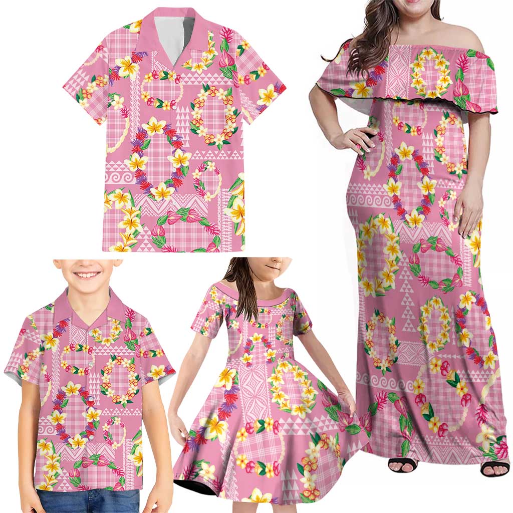 Hawaiian Leis Family Matching Off Shoulder Maxi Dress and Hawaiian Shirt Kakau Tattoos and Palaka Pastel Pink Color