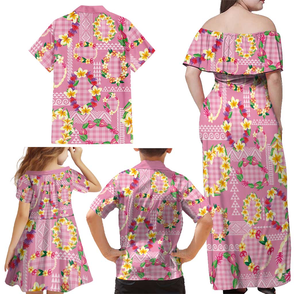 Hawaiian Leis Family Matching Off Shoulder Maxi Dress and Hawaiian Shirt Kakau Tattoos and Palaka Pastel Pink Color LT03 - Polynesian Pride