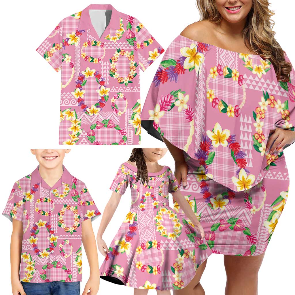 Hawaiian Leis Family Matching Off Shoulder Short Dress and Hawaiian Shirt Kakau Tattoos and Palaka Pastel Pink Color LT03 - Polynesian Pride