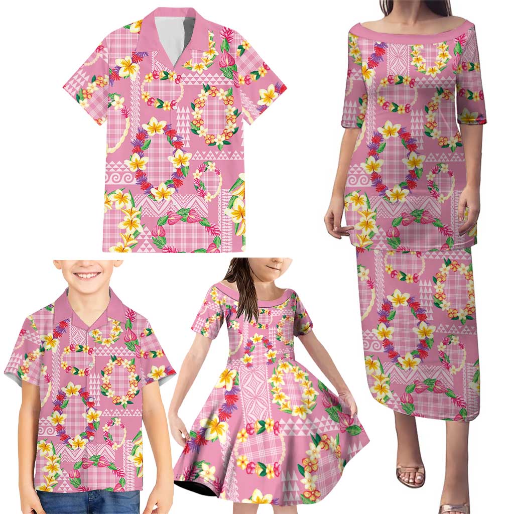 Hawaiian Leis Family Matching Puletasi and Hawaiian Shirt Kakau Tattoos and Palaka Pastel Pink Color LT03 - Polynesian Pride