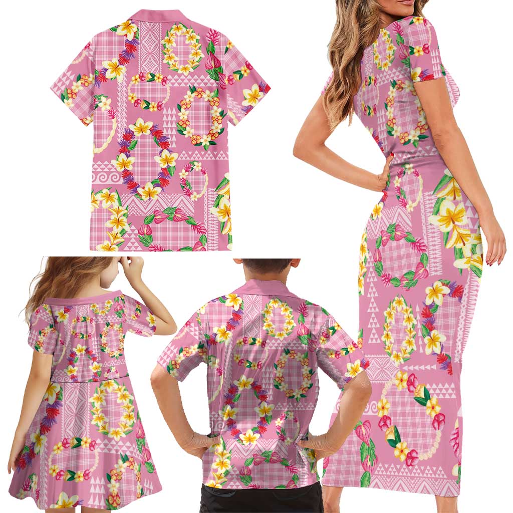 Hawaiian Leis Family Matching Short Sleeve Bodycon Dress and Hawaiian Shirt Kakau Tattoos and Palaka Pastel Pink Color LT03 - Polynesian Pride