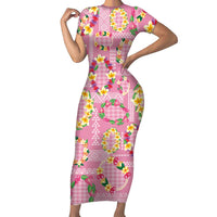 Hawaiian Leis Family Matching Short Sleeve Bodycon Dress and Hawaiian Shirt Kakau Tattoos and Palaka Pastel Pink Color LT03 Mom's Dress Pink - Polynesian Pride