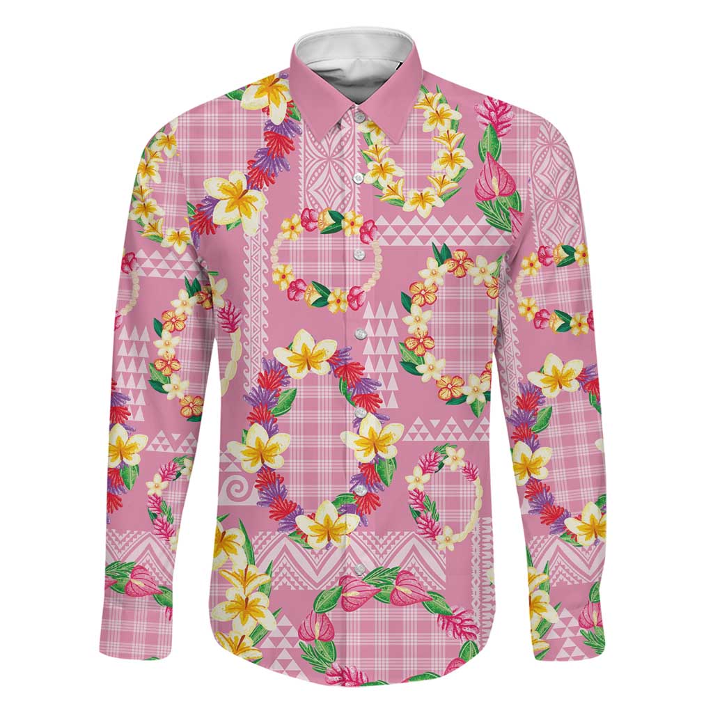 Hawaiian Leis Family Matching Summer Maxi Dress and Hawaiian Shirt Kakau Tattoos and Palaka Pastel Pink Color LT03 Dad's Shirt - Long Sleeve Pink - Polynesian Pride