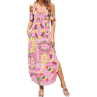 Hawaiian Leis Family Matching Summer Maxi Dress and Hawaiian Shirt Kakau Tattoos and Palaka Pastel Pink Color LT03 Mom's Dress Pink - Polynesian Pride