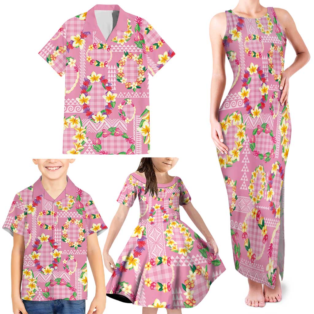 Hawaiian Leis Family Matching Tank Maxi Dress and Hawaiian Shirt Kakau Tattoos and Palaka Pastel Pink Color LT03 - Polynesian Pride