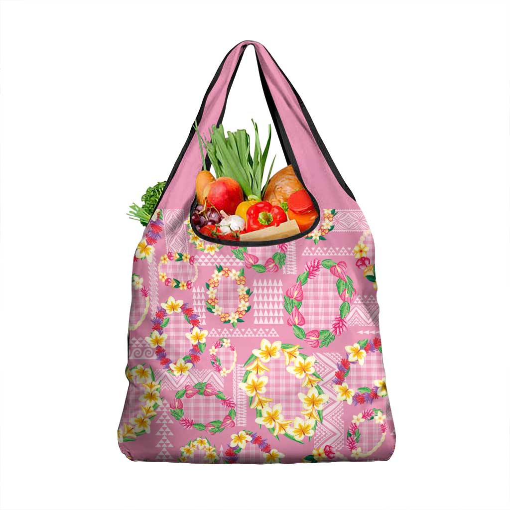 Hawaiian Leis Grocery Bag Kakau Tattoos and Palaka Pastel Pink Color