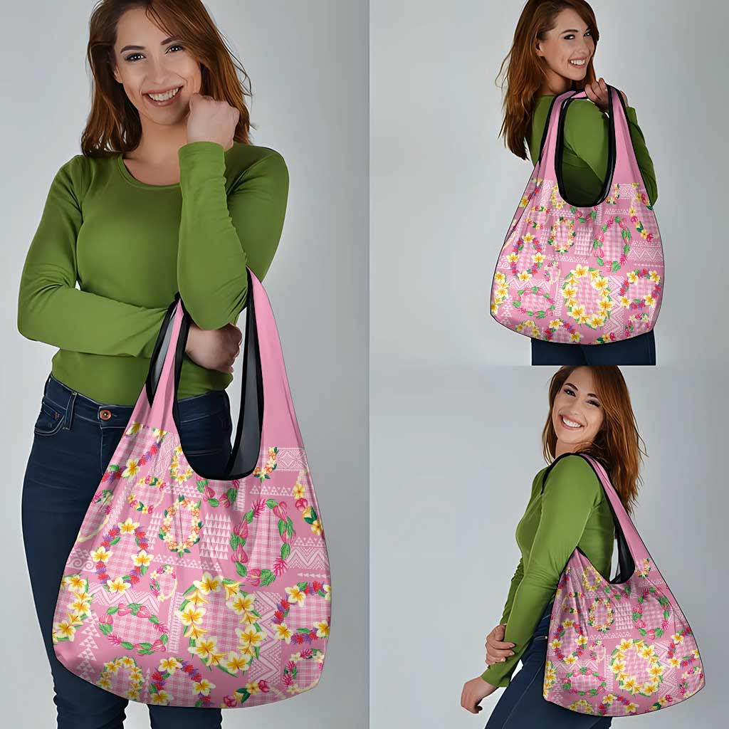 Hawaiian Leis Grocery Bag Kakau Tattoos and Palaka Pastel Pink Color