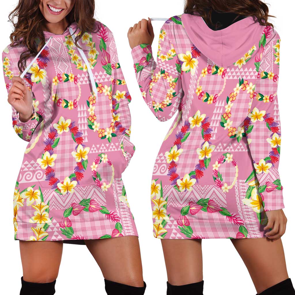 Hawaiian Leis Hoodie Dress Kakau Tattoos and Palaka Pastel Pink Color