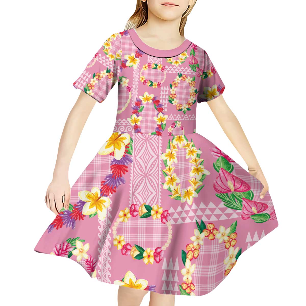 Hawaiian Leis Kid Short Sleeve Dress Kakau Tattoos and Palaka Pastel Pink Color
