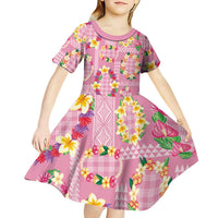 Hawaiian Leis Kid Short Sleeve Dress Kakau Tattoos and Palaka Pastel Pink Color