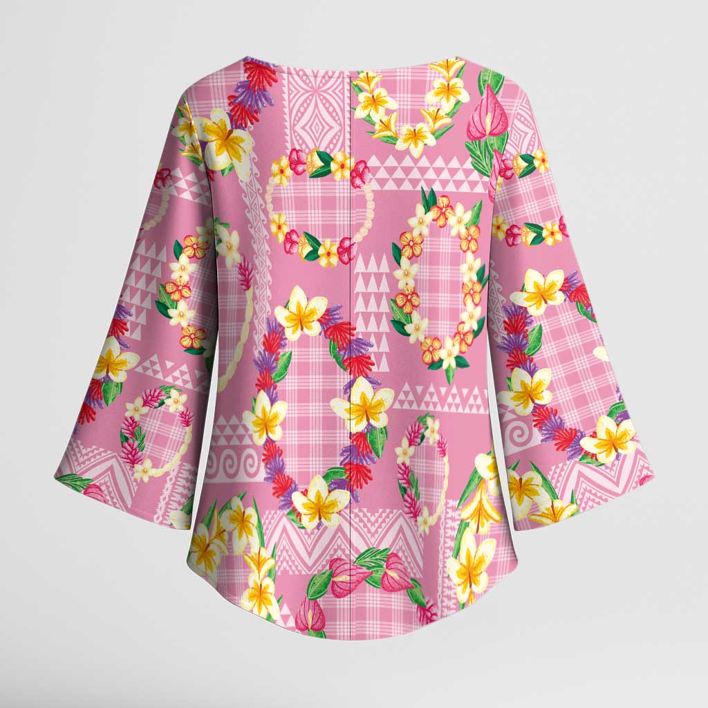 Hawaiian Leis Kimono Sleeve Blouse Kakau Tattoos and Palaka Pastel Pink Color