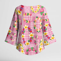 Hawaiian Leis Kimono Sleeve Blouse Kakau Tattoos and Palaka Pastel Pink Color