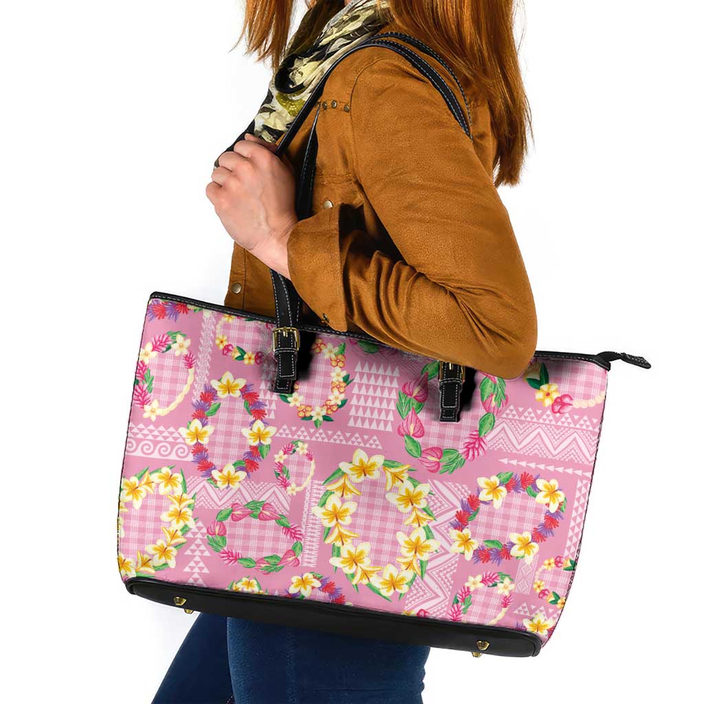 Hawaiian Leis Leather Tote Bag Kakau Tattoos and Palaka Pastel Pink Color
