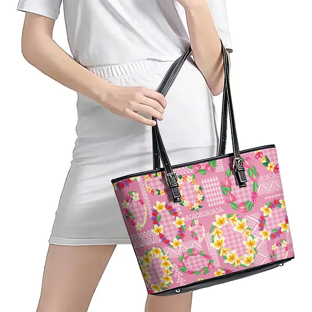 Hawaiian Leis Leather Tote Bag Kakau Tattoos and Palaka Pastel Pink Color