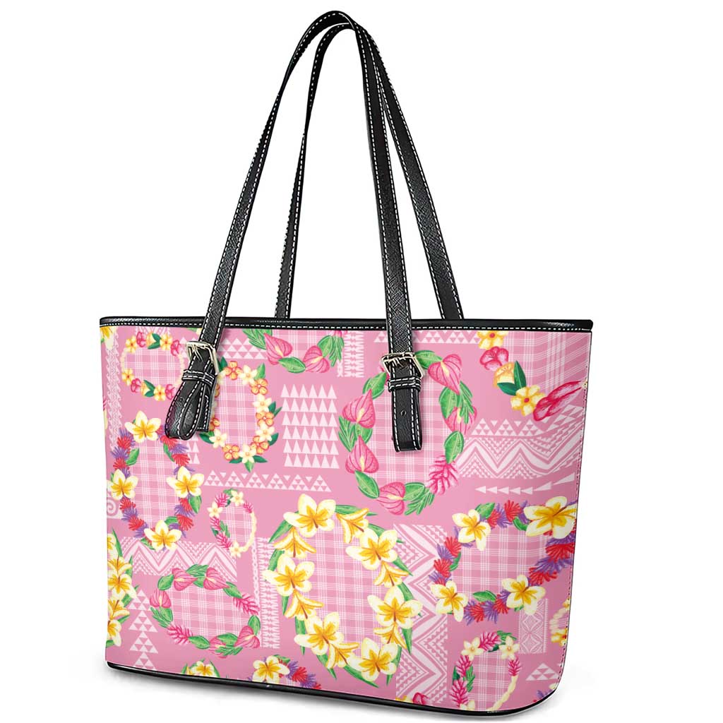 Hawaiian Leis Leather Tote Bag Kakau Tattoos and Palaka Pastel Pink Color