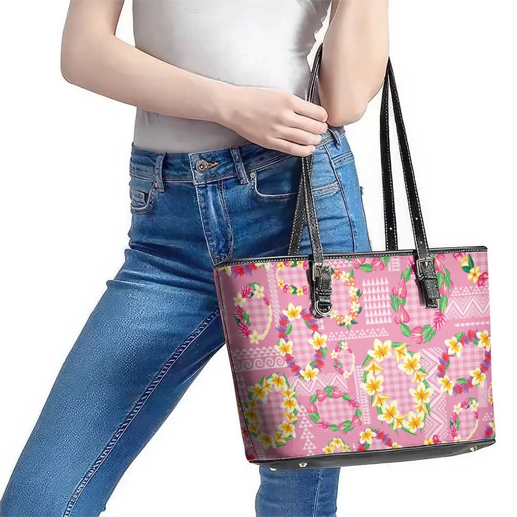Hawaiian Leis Leather Tote Bag Kakau Tattoos and Palaka Pastel Pink Color
