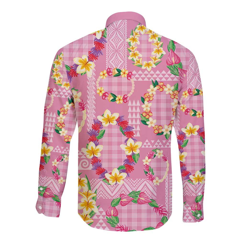 Hawaiian Leis Long Sleeve Button Shirt Kakau Tattoos and Palaka Pastel Pink Color