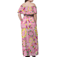 Hawaiian Leis Off Shoulder Maxi Dress Kakau Tattoos and Palaka Pastel Pink Color