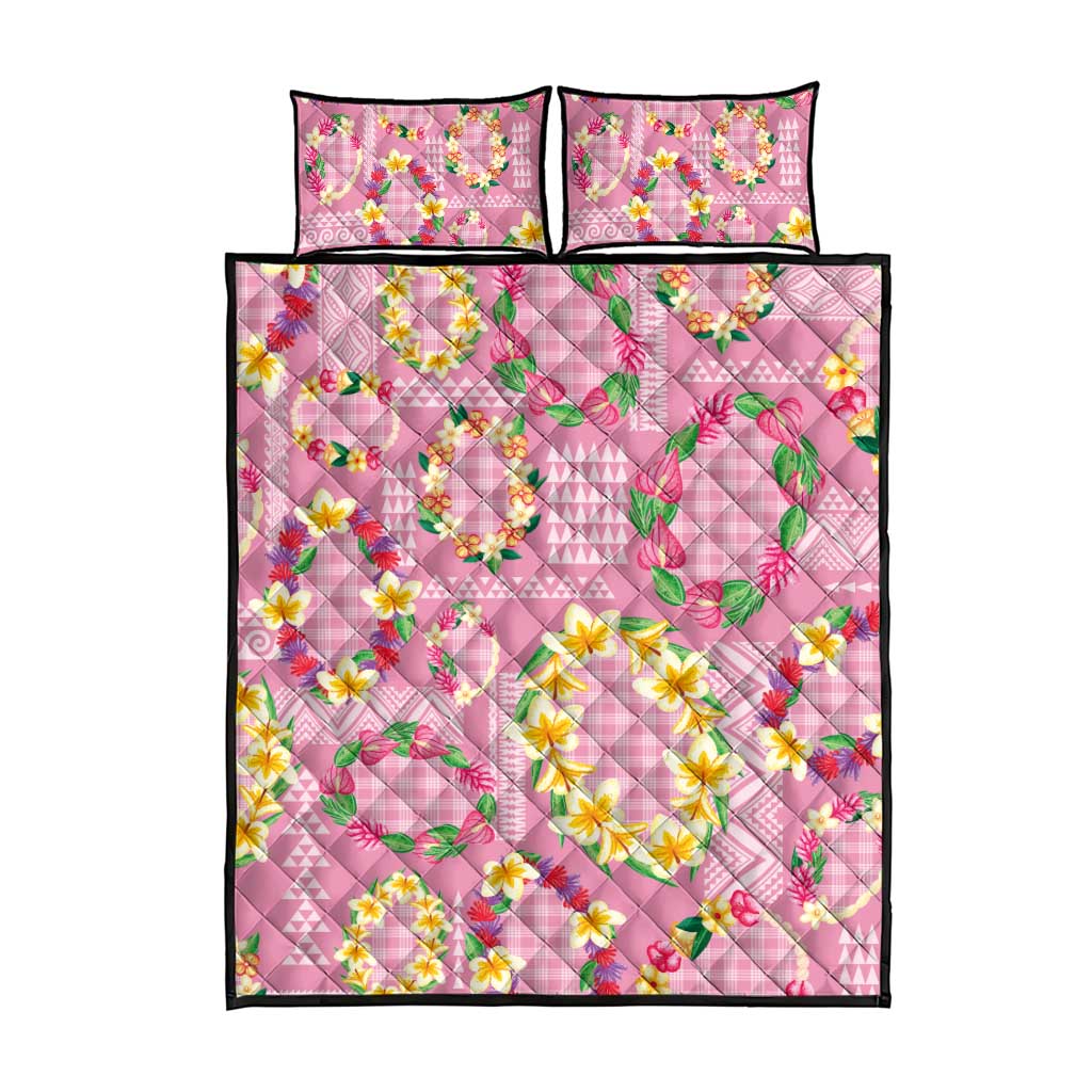 Hawaiian Leis Quilt Bed Set Kakau Tattoos and Palaka Pastel Pink Color