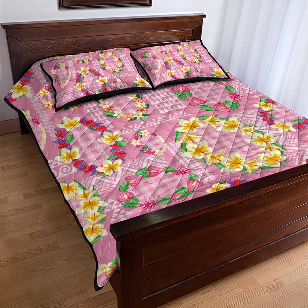 Hawaiian Leis Quilt Bed Set Kakau Tattoos and Palaka Pastel Pink Color