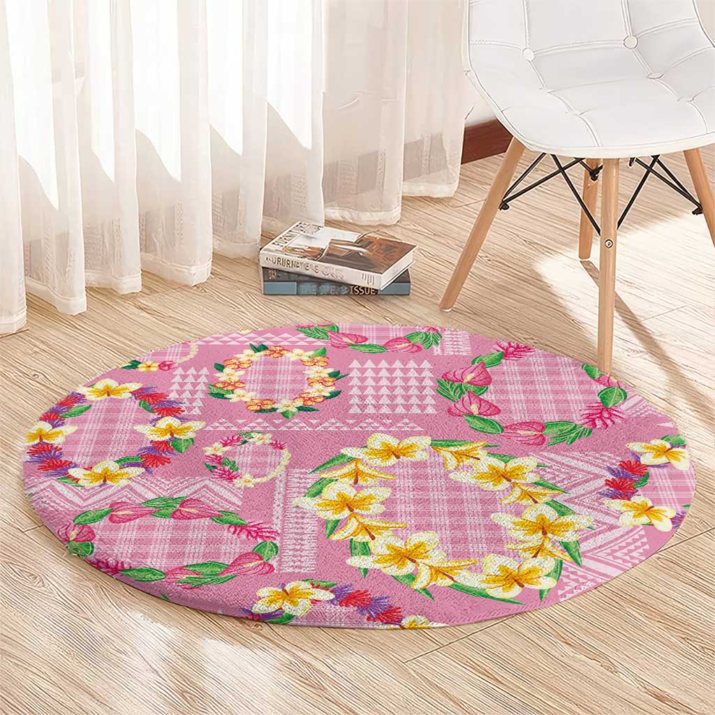 Hawaiian Leis Round Carpet Kakau Tattoos and Palaka Pastel Pink Color