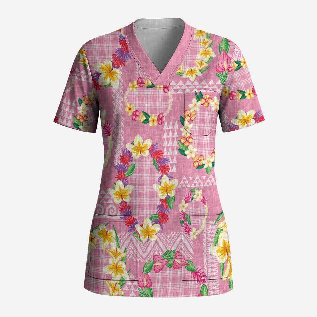 Hawaiian Leis Scrub Top Kakau Tattoos and Palaka Pastel Pink Color