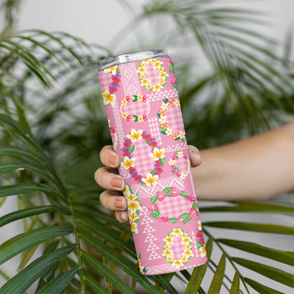 Hawaiian Leis Skinny Tumbler Kakau Tattoos and Palaka Pastel Pink Color